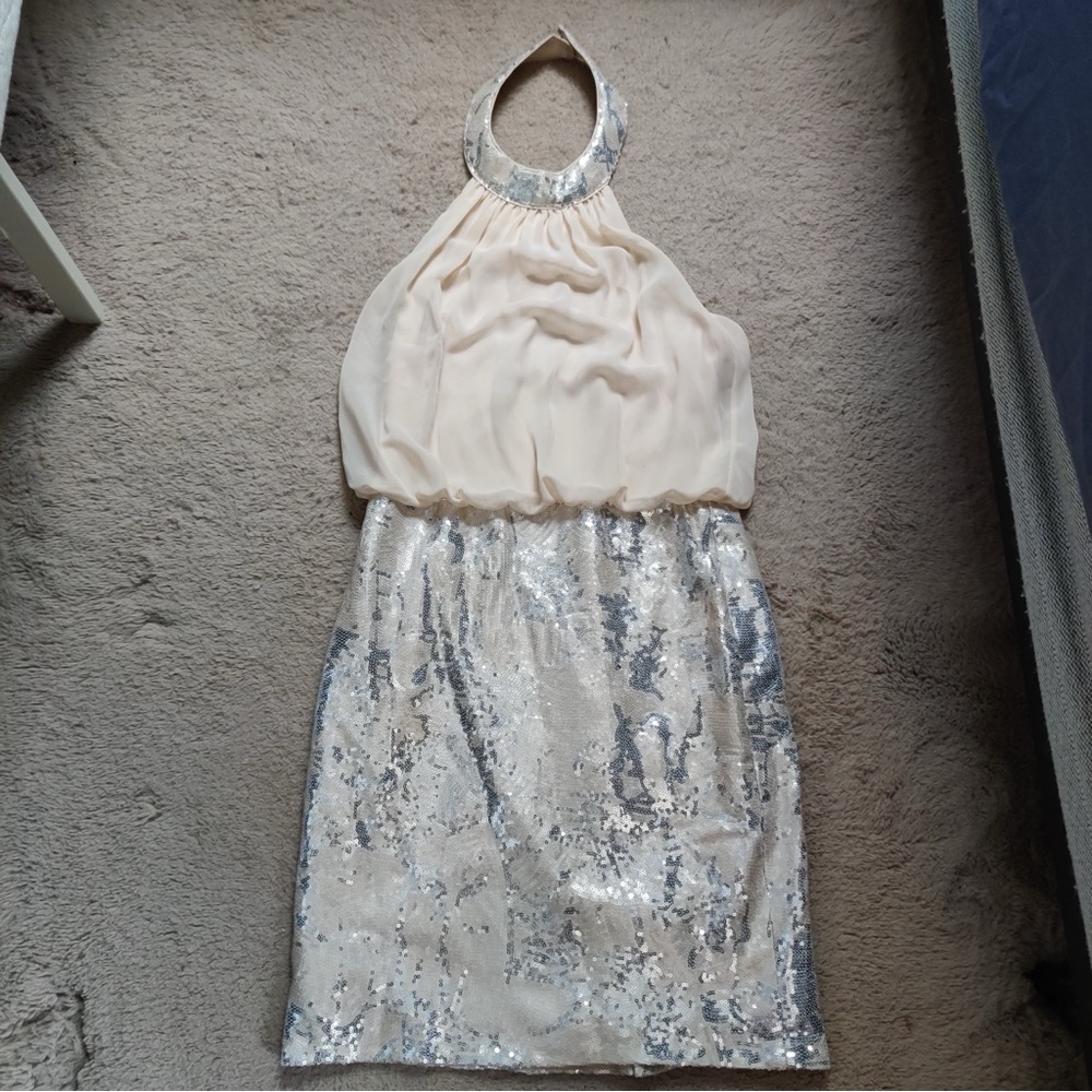 Aidan by Aidan Mattox Cream Halter Blouson Mini Dress Silver Sequin Skirt Size 0